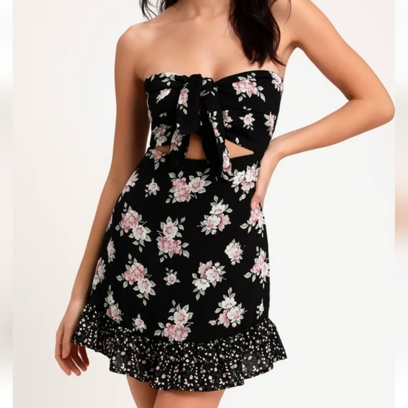Lulus Dress Black Floral Print Strapless Tie-Front Mini Dark Floral Dress - Picture 1 of 11